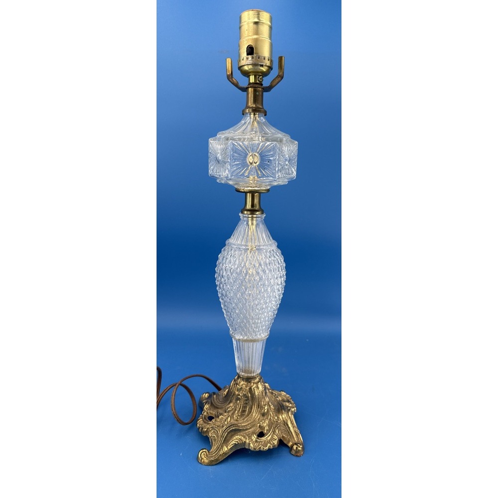 Vintage 18" Cut Glass Table Lamp Ornate Art Deco Hollywood Regency